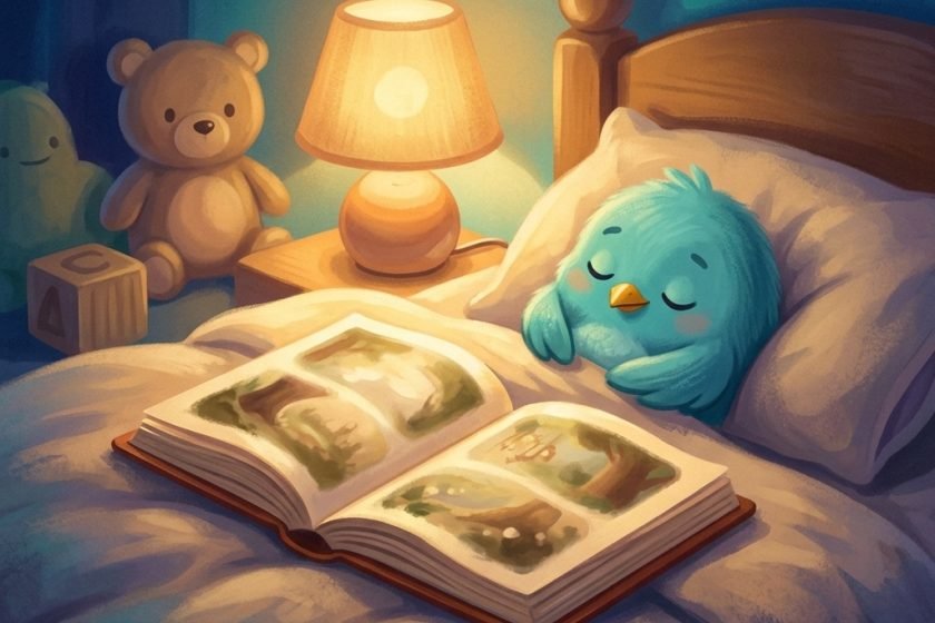 Illustration : un livre ouvert sur un lit, Pip endormi